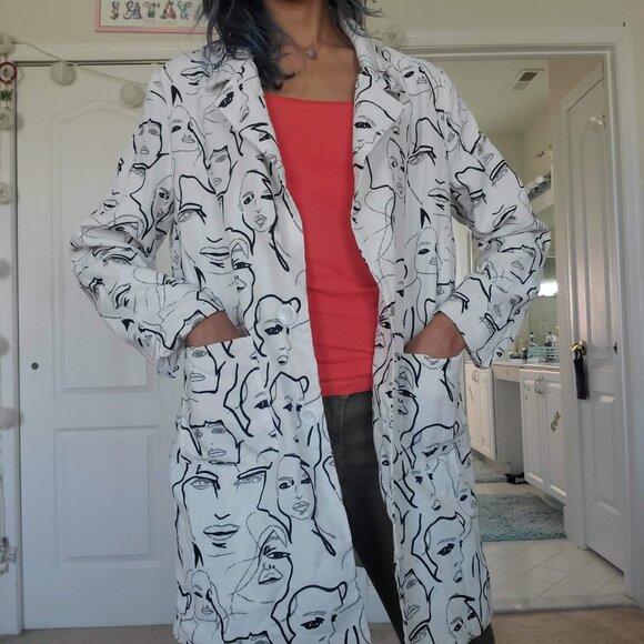 lightweight white professional long coat jacket with face illustrations - Picture 4 of 6